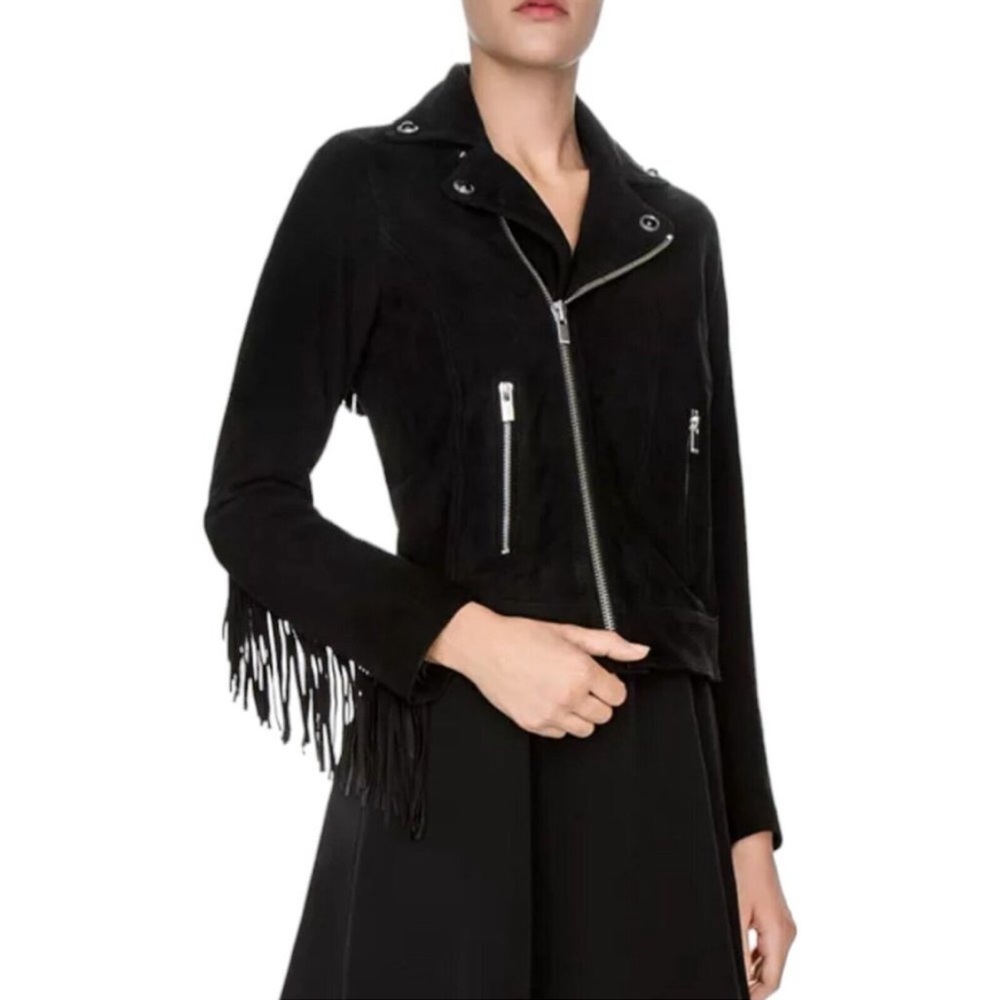 THE KOOPLES NWT LEATHER MOTORCYCLE FRINGE JACKET BLACK Size-S
